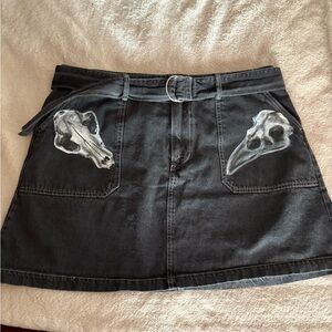 Hand painted Black Denim Skirt with Raven and Fox Skull Designs